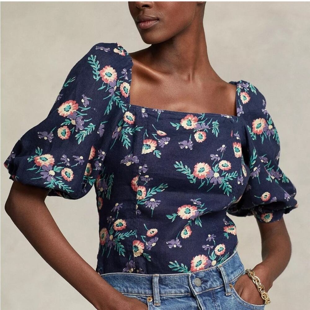 Polo Ralph Lauren Linen Navy Floral 3/4 Puff Sleeve Square Neck Blouse 2